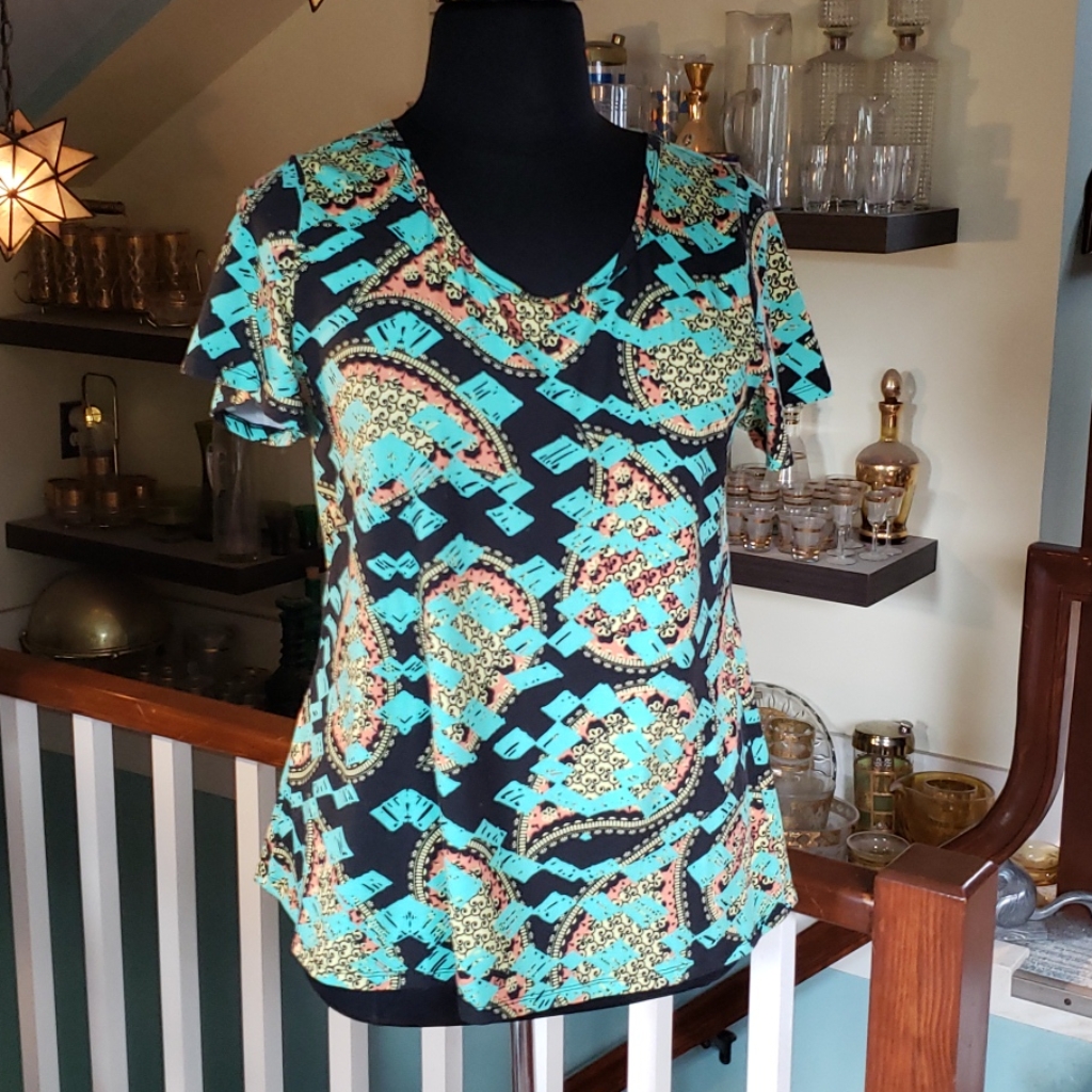 Lularo Bright Turquoise And Black Short Sleeve Womens Top